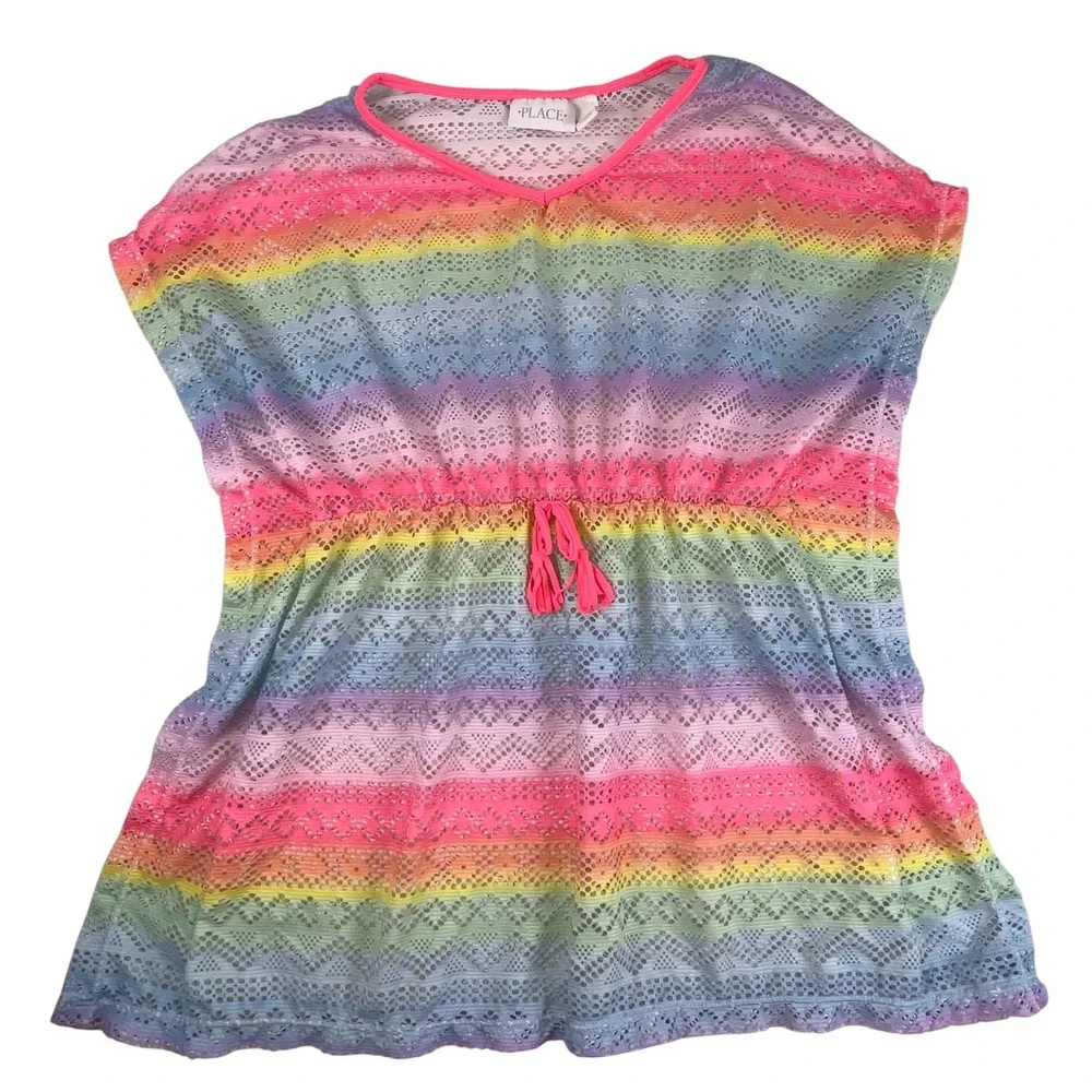 The Children's Place Rainbow‎ Crochet Lace Swim Cover Up Dress Neon Pink Trim M